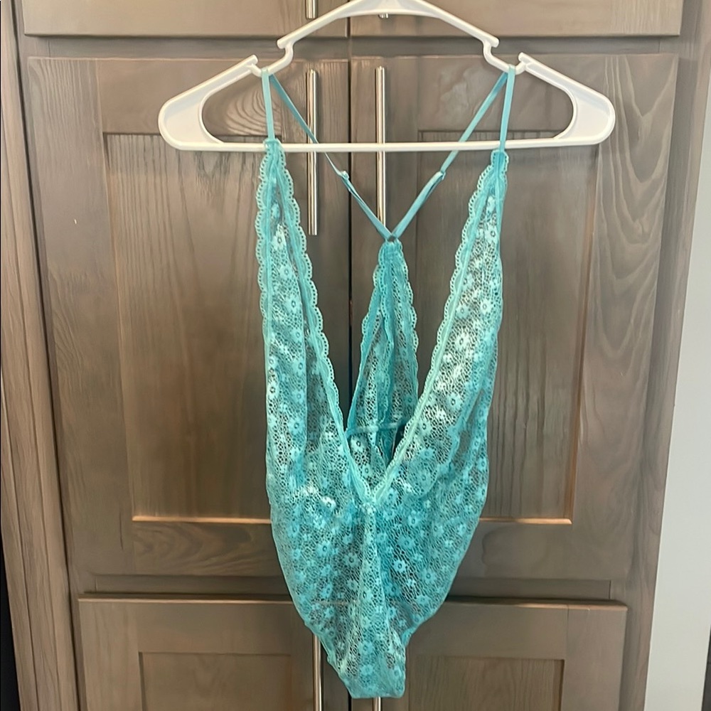 Victoria’s Secret Lace Sheer Fishnet Floral Halter Bodysuit in Aqua